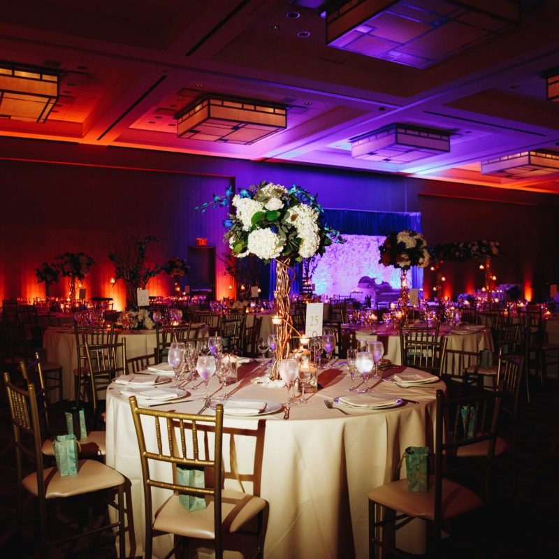 Decorated banquet hall with served round table with hydrangea centerpiece and chiavari chairs
